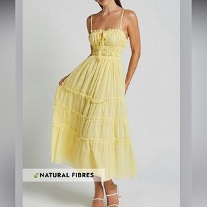 Showpo Schiffer Midi Dress - Strappy Ruched Tie Front Tiered Dress in Yellow
